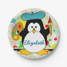 Artistic Penguin Painter Personalize 7 Inch Paper Plate