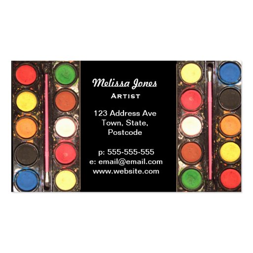 Artist's colorful paint color box business card (front side)