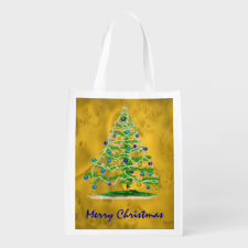 Arty Christmas Tree with Gold Abstract Background Grocery Bag