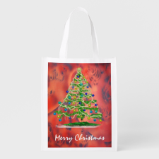 Arty Christmas Tree with Red Abstract Background Reusable Grocery Bags