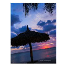 Aruba, silhouette of palapa on beach at sunset 2 postcard