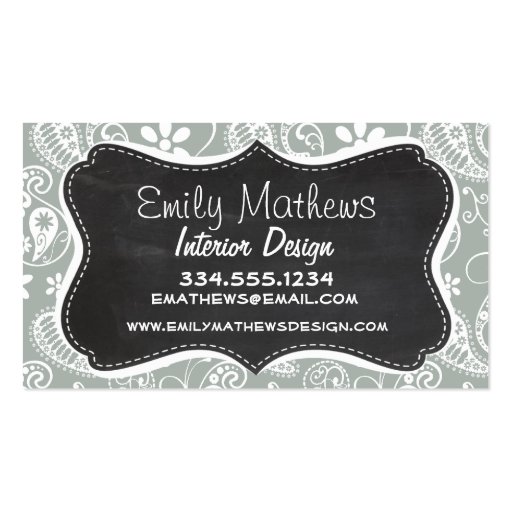 Ash Gray; Grey Paisley; Retro Chalkboard look Business Card Templates (front side)