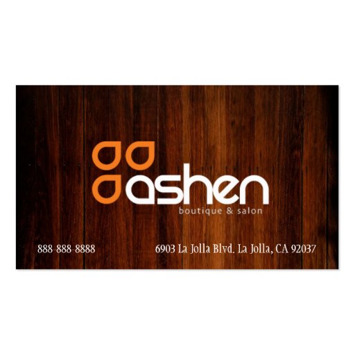 Ashen Boutique & Salon wood grain business card (back side)