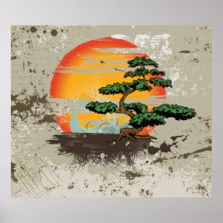 Asian bonsai and sun custom print poster print