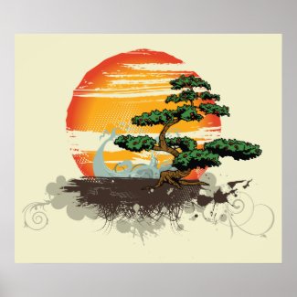 Asian bonsai and sun custom print poster