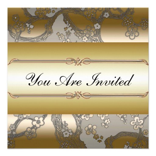 Asian Floral Gold and Silver Party Invitations (front side)
