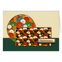 Asian Mums, Green/Rust Gold Trim You're Invited Greeting Cards
