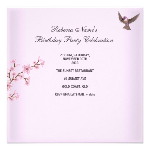 Asian Pink Blossom Birthday Party Flowers Bird Custom Invitation