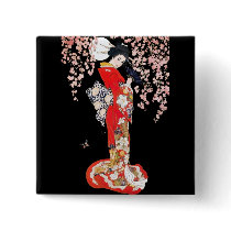 Asian Woman with Cherry Blossom Night Pinback Buttons