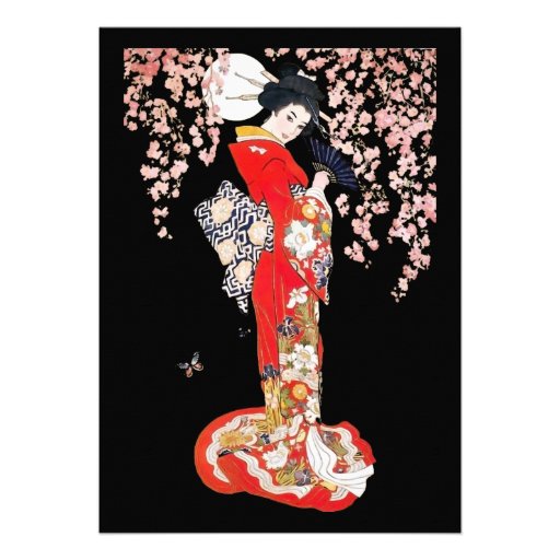 Asian Woman with Cherry Blossom Night Personalized Invitations