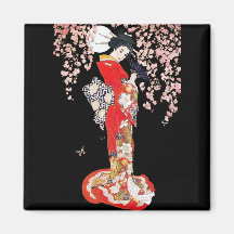 Asian Woman with Cherry Blossom Night Refrigerator Magnets