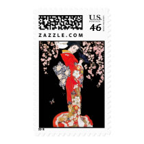 Asian Woman with Cherry Blossom Night Postage Stamp