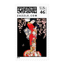 Asian Woman with Cherry Blossom Night Postage Stamp
