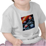 Assorted planets and star stripe space scene tee shirt