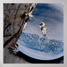 Astronaut conducting spacewalk above Discovery Poster