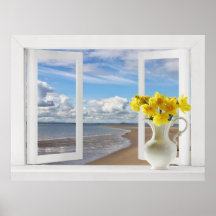 At the Beach -- Open Window View with Daffodils Posters