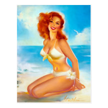 At the Beach Pin Up Postcard