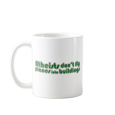Atheist don't fly planes into buildings mug by Freethinkers