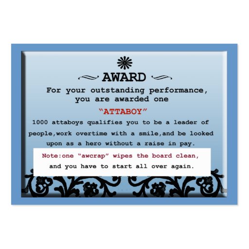 attaboy certificate business card (front side)