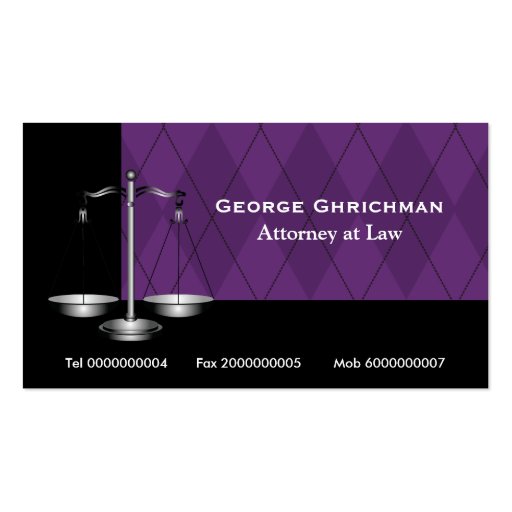 Attorney at law scale of justice black purple business cards (front side)