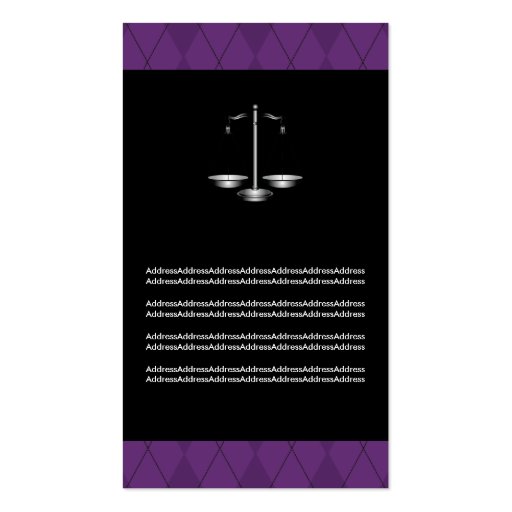 Attorney at law scale of justice black purple business cards (back side)