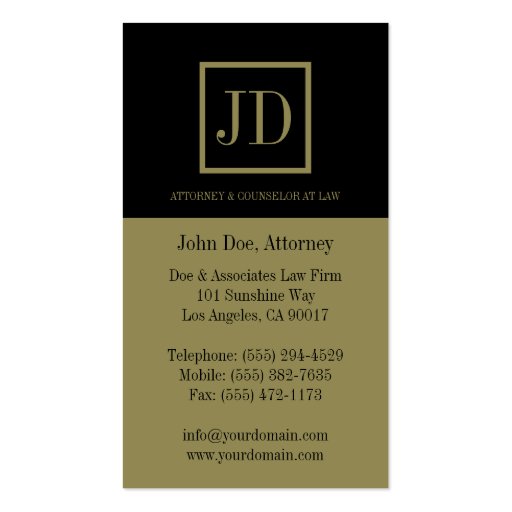 Attorney Black/Gold Divided Square Monogram Business Cards (back side)