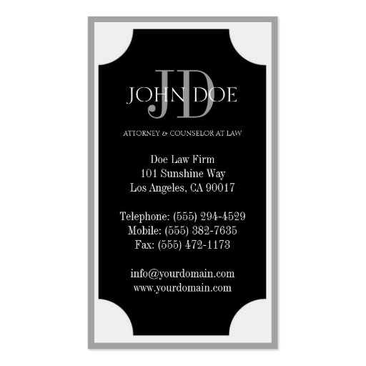 Attorney Black Plaque/Silver Border Business Card Templates (back side)