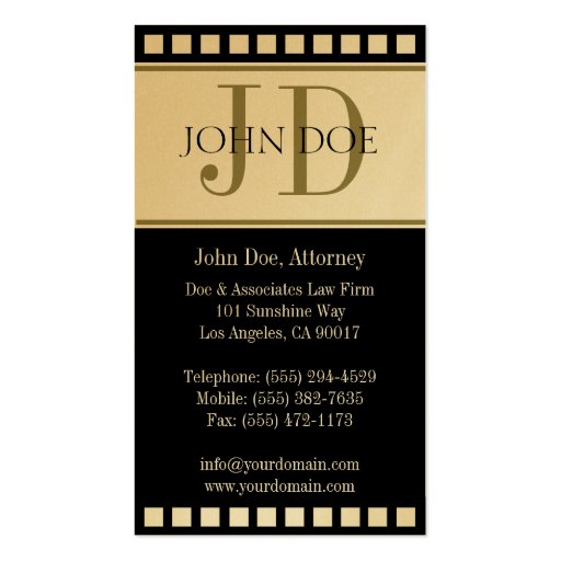 Attorney Black/Yellow Gold Film Monogram Business Card Templates (back side)