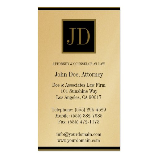 Attorney Golden Black/Gold Square Monogram Plaque Business Card (back side)