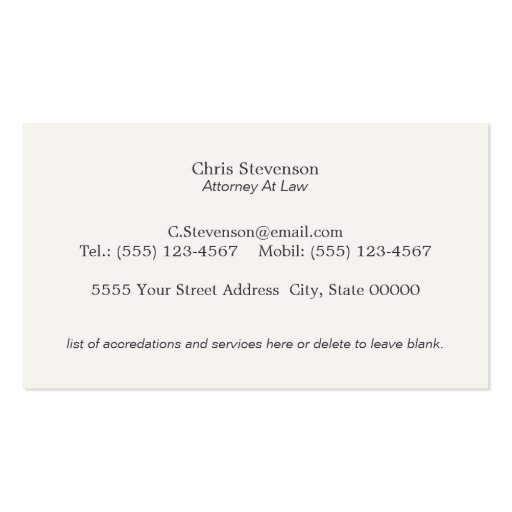 Attorney Justice Scale Traditional Vintage Style Business Cards (back side)