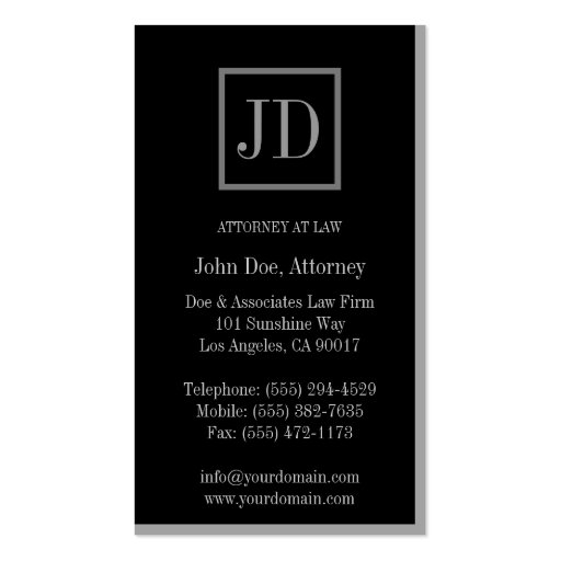 Attorney Lawyer Black/Silver Square Monogram Business Cards (back side)