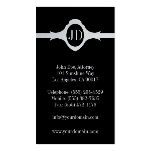 Attorney Lawyer Fancy Shield Black Platinum Ribbon Business Card Template (back side)