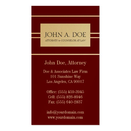 Attorney Lawyer Law Firm Cherry Gold White Stripes Business Card Templates (back side)
