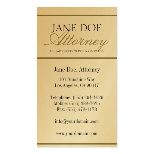 Attorney Lawyer Law Firm Script Gold Paper Business Card (back side)