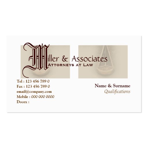 Attorney lawyer law legal business cards (front side)