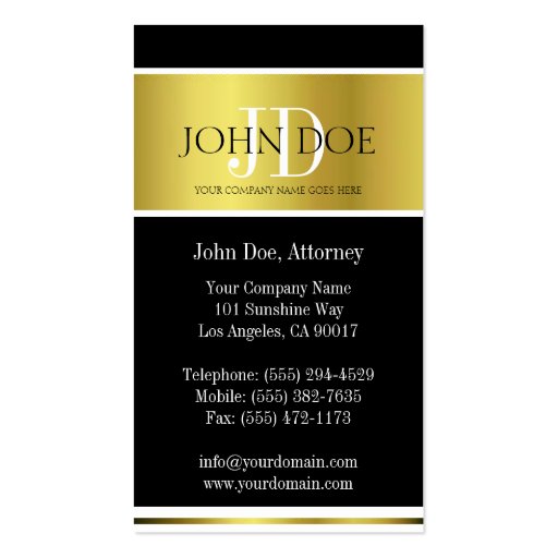 Attorney Monogram Gold Metallic Business Card Templates (back side)