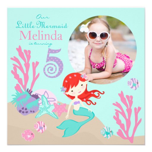 Auburn Mermaid Fifth Birthday Invitation
