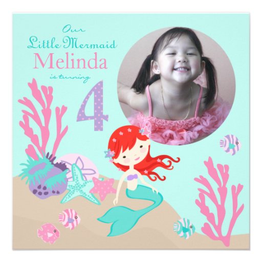 Auburn Mermaid Fourth Birthday Custom Invitation