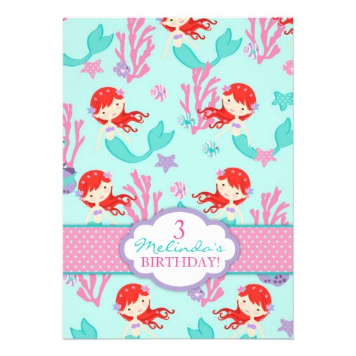 Auburn Mermaid Third Birthday Custom Invite