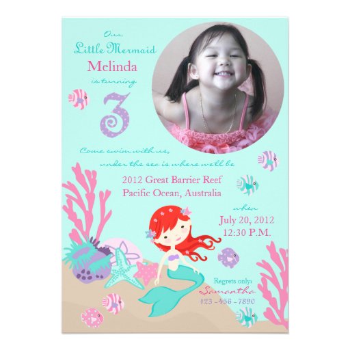 Auburn Mermaid Third Birthday Custom Invite