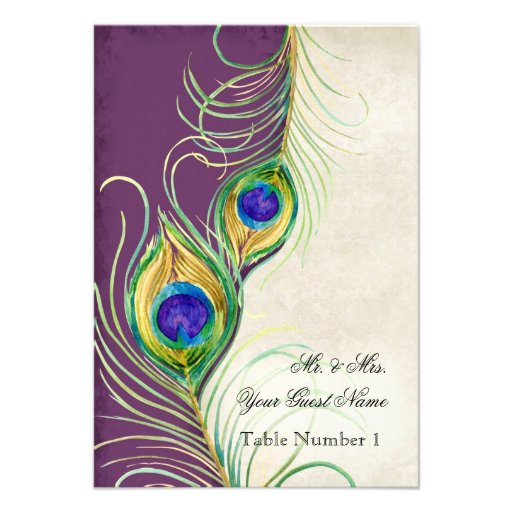 Audrey Jeanne Peacock Feather Purple Damask Escort Invitation