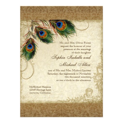 Audrey Jeanne Peacock & Feathers Vintage Damask Custom Announcement
