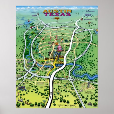 Austin Texas Cartoon Map Poster by FunGraphix