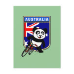 This cute cycling panda stands in front of an Australian flag with his bike. This original design makes a perfect gift for bicycling fanatics in Australia. Great for everyone who loves cute pandas and biking.