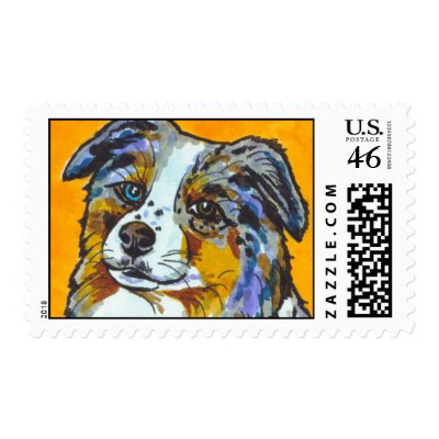 Australian shepherd dog art fun colorful painting stamps by flyinggirl