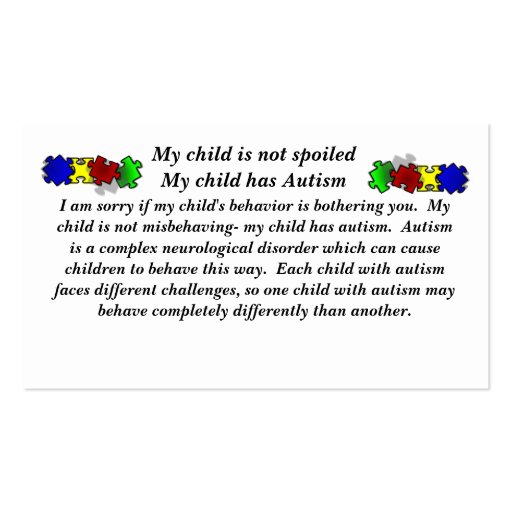 Autism Awareness Behavior Information Card Business Card Template (back side)