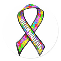 Autism awareness ribbon round sticker