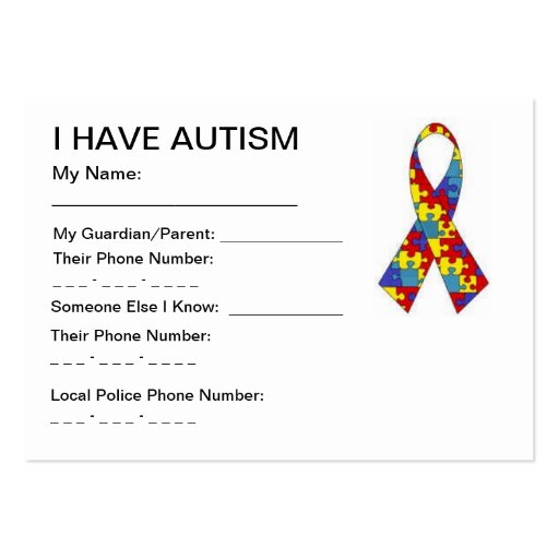 Autism ID cards Business Cards (front side)