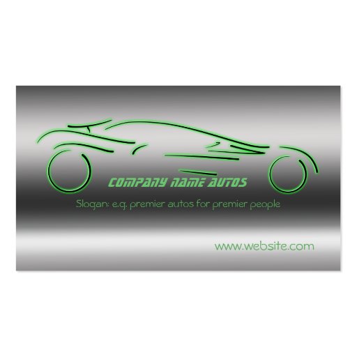 Auto trade Car - Green Sportscar on steel-effect Business Card Template (front side)