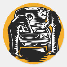 Automotive mechanic working on car repair retro round stickers